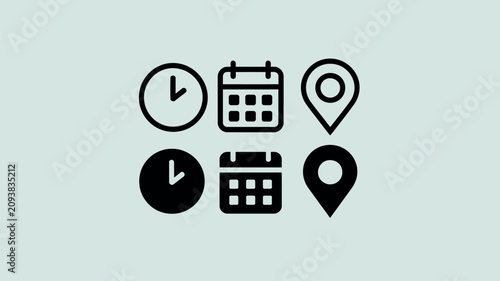 Set of simple icons representing time date and location on a light background
