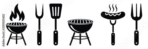 Quadro su tela BBQ grill icon with barbecue tools, spatula, grill fork, picnic fire, clean blac
