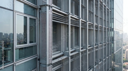 Modern Glass Building Exterior with Metal Louvers and Windows.