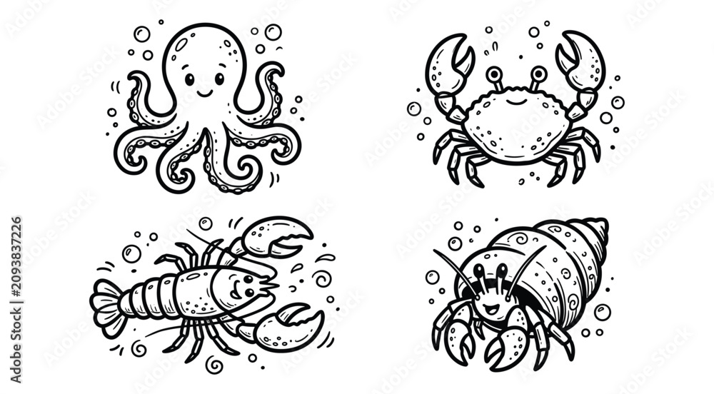 Obraz premium Tiny Sea Creatures Grid Vector Doodle Set: Hand Drawn Marine Life Collection Featuring Small Octopus, Swimming Crab, Crawling Lobster and Little Hermit Crab with Water Bubbles