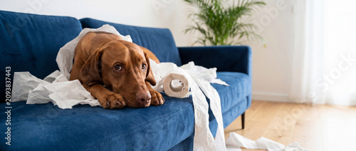 Guilty dog tangled in toilet paper lies on a blue velvet sofa in a bright living room, showcasing a funny domestic mess and pet behavior ideal for veterinary or training advertisements