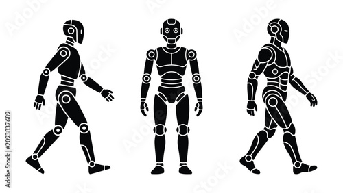 Black robot silhouettes in different poses