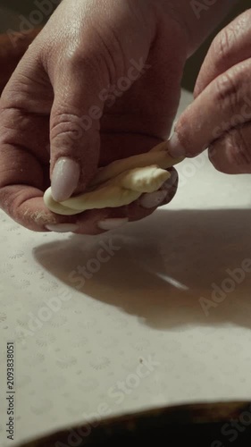 Hands of a skilled baker shaping dough into intricate braided patterns on a clean surface, showcasing the artistry of traditional baking techniques in a cozy kitchen setting