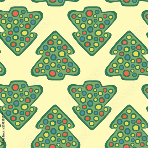 Seamless vector pattern featuring stylized polka-dot Christmas trees. A design suitable for holiday packaging, fabrics, or advertising banners. Christmas background. Основные RGB