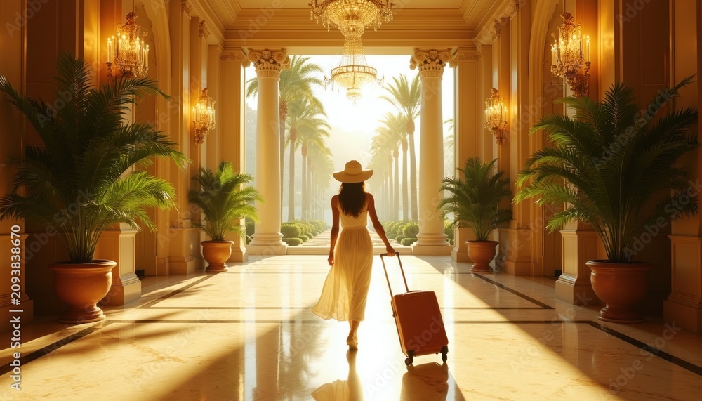 Obraz premium Woman arrives at grand luxury hotel lobby with suitcase. Elegant lady walks through ornate marble foyer towards bright sunlight under hanging chandeliers, tropical palm plants. Tourist enters classic
