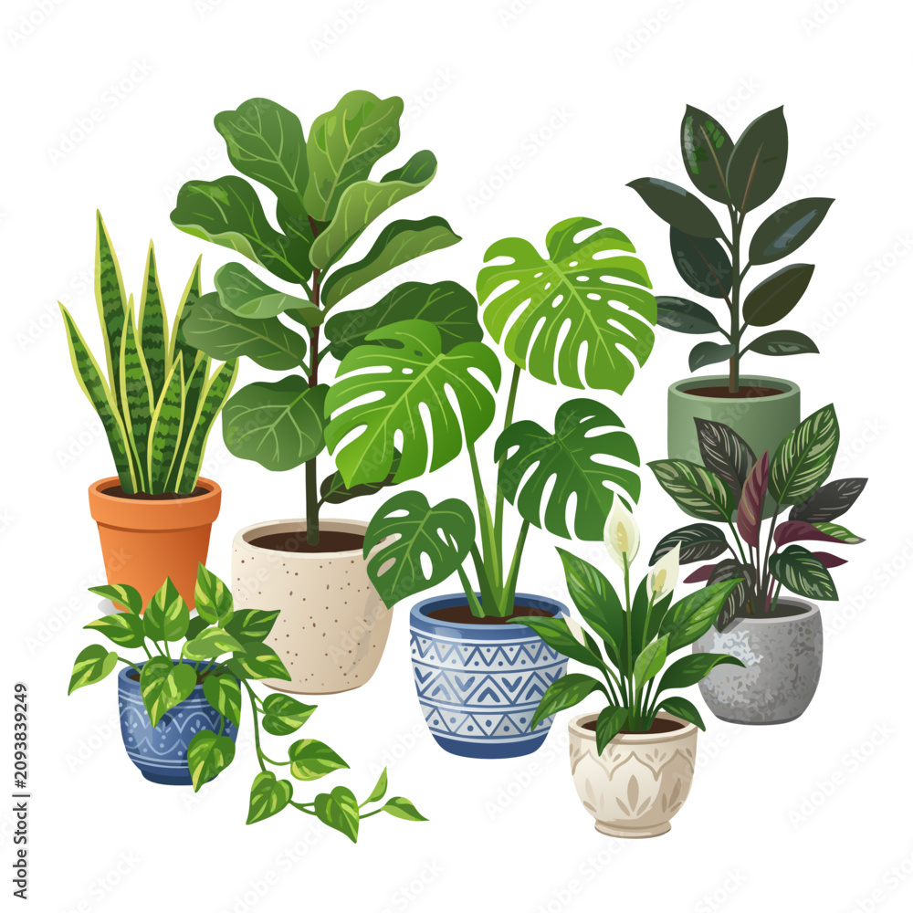Fototapeta premium A beautiful composition of various popular green indoor plants in colorful ceramic pots. Features monstera, fiddle leaf fig, rubber plant, snake plant, pothos, peace lily, and calathea arranged togeth
