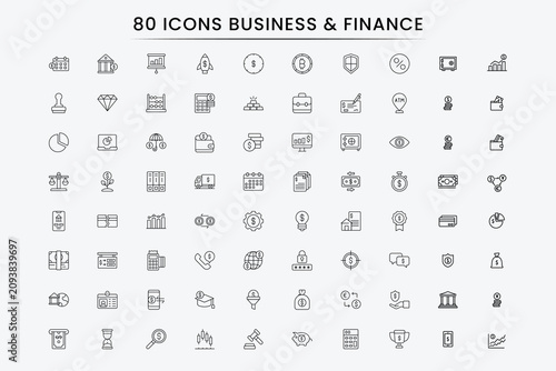 Set of 80 Business icons. Business and Finance web icons in line style. Money, bank, contact, infographic. Icon collection. Vector illustration.