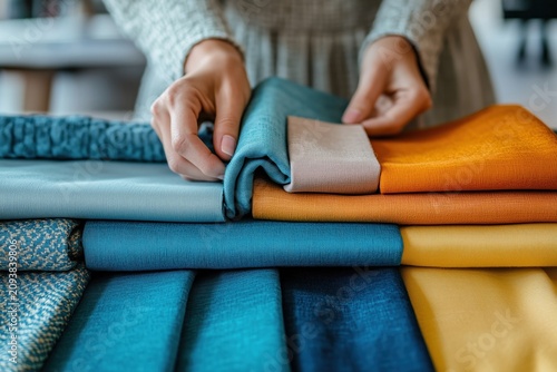 Interior designer hands selecting teal orange and yellow fabric swatches in a studio close view