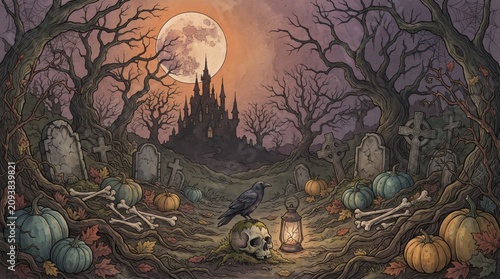 Gothic halloween background with old haunted castle foggy cemetery graves crow bird on skull pumpkins and vintage lantern vector artwork illustration