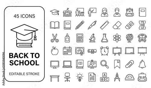 Fotografía Back to School Line Editable Icon Set, Education, Learning and School Supplies O