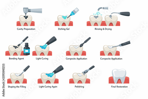 Step-by-step dental filling process illustration showing tooth restoration and cavity treatment