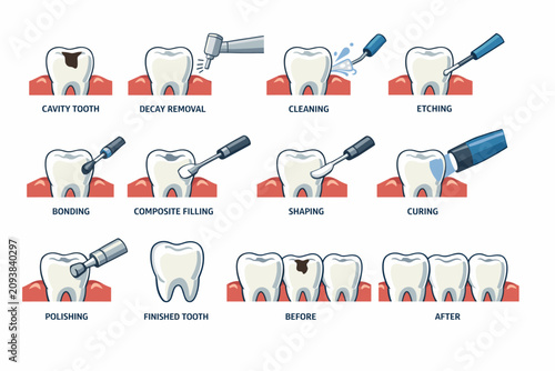 Dental filling procedure step-by-step illustration showing cavity treatment and restoration
