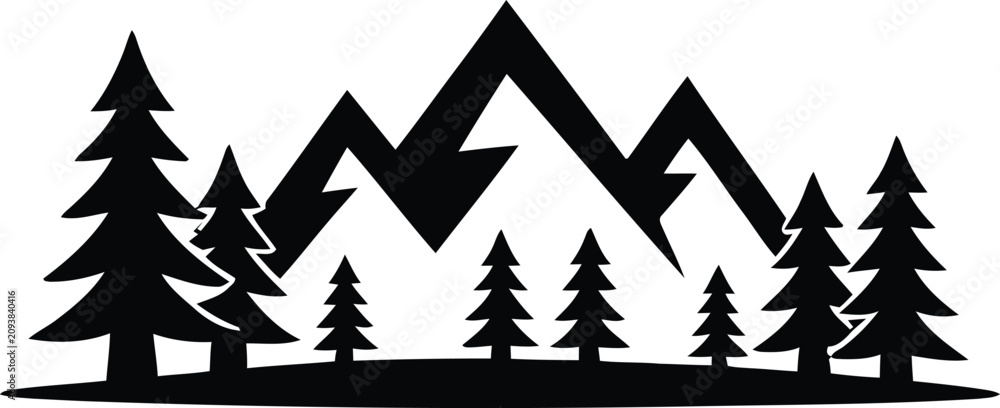 Obraz premium Graphic silhouette of mountain range with pine forest trees black and white landscape design element mountain landscape silhouette outdoors wilderness adventure minimalist illustration