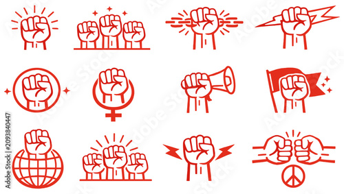 Collection of red fist icons symbolizing protest, power, and solidarity
