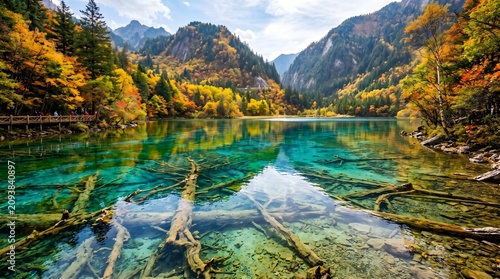 Crystal clear turquoise alpine lake with sunken trees and autumn forest