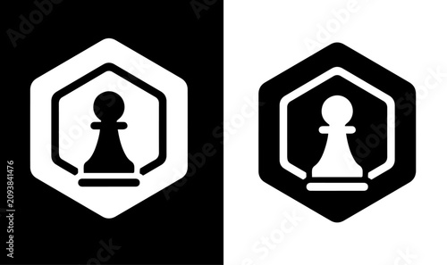 Bild auf Leinwand Chess pawn icons, black and white, hexagon shapes, strategy symbols