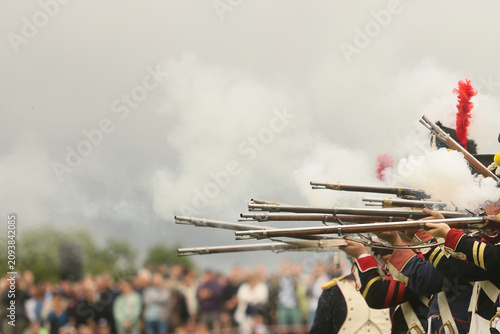Photos French soldiers at a historical reenactment festival firing 19th century muskets