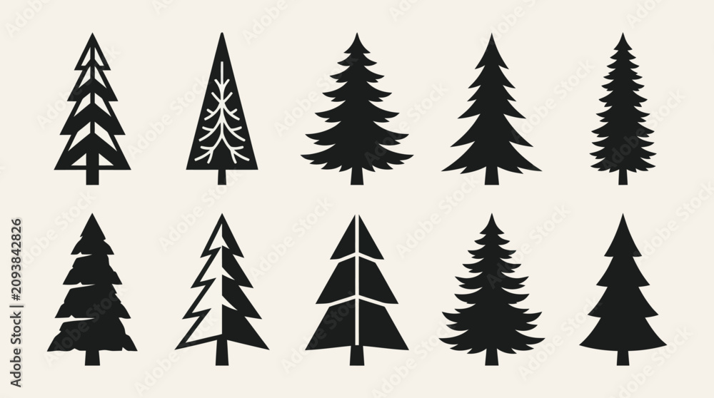 Obraz premium Collection of stylized evergreen tree silhouettes