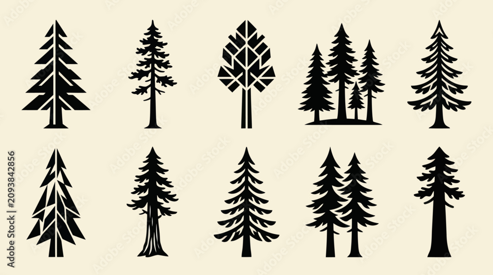 Fototapeta premium Collection of stylized evergreen trees