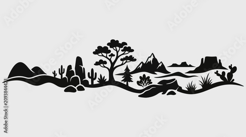 Desert landscape silhouette with plants and mountains