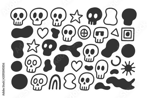 Collection of hand drawn skulls and abstract shapes featuring bold black lines on a clean white background for creative design