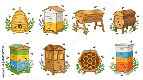 Collection of colorful beehives and honeycombs with flowers and greenery