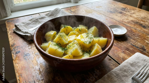 Steaming boiled potato in ceramic bowl on rustic wooden table. Hot meal with butter and dill herb. Traditional homemade food served for lunch or dinner. Healthy vegetable side dish.