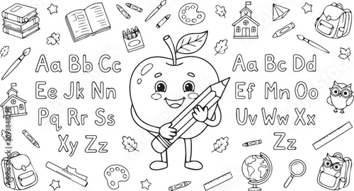 Colorful cartoon apple character holding pencil. Educational alphabet illustration. Learning and teaching concept.