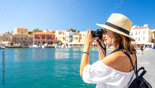 A woman in a white shirt and straw hat taking a photo of a picturesque waterfront town