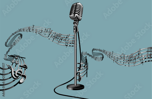 Musical notes on winding lines and old stand microphone. Vector illustration  in black and white vintage engraving style.