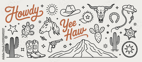 Photos Hand drawn western doodle with cowboy hat, boots, horse, cactus, sheriff badge,
