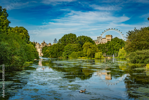 Photography View of St James Park in London England with water, greenery, and the London Eye