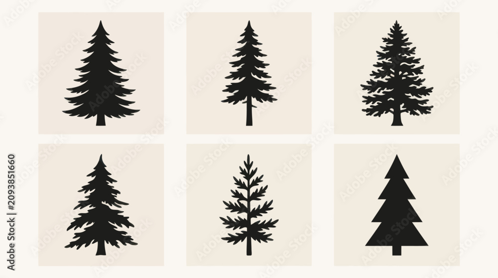 Obraz premium Evergreen tree silhouettes on cream background