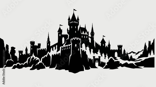 Bild auf Leinwand Fantasy castle silhouette on hillside
