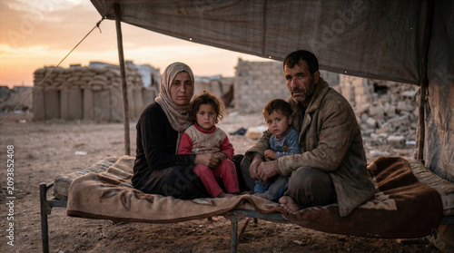 Displaced Family Taking Shelter in Refugee Camp Tent