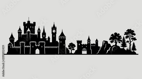 Fantasy castle silhouette with trees