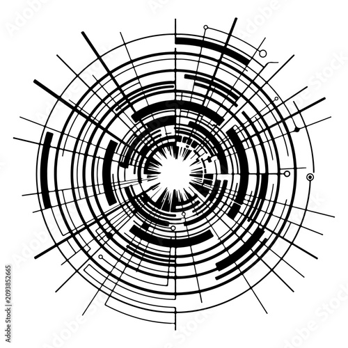 Abstract Circular Geometric Pattern Featuring Concentric Lines and Tech Design