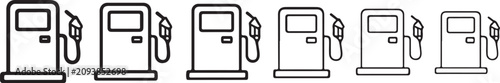 Foto Six linear gas pump icons are displayed in a row featuring a black outline style on a white background