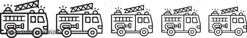 Photos These are line icons depicting fire trucks with multiple views shown against a white background