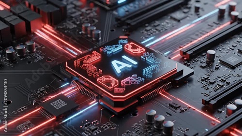 Artificial Intelligence processor glowing on a motherboard.