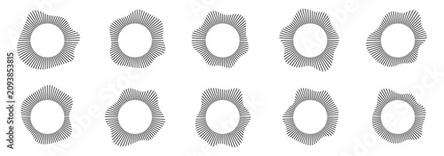Circular sound waves. Abstract circular lines pattern. Music audio bursts. Ring of thin rays with wavy silhouette. Radial spectrum design. Podcast audio waveform and equalizer bars set.