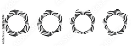 Circular sound waves. Abstract circular lines pattern. Music audio bursts. Ring of thin rays with wavy silhouette. Radial spectrum design. Podcast audio waveform and equalizer bars set.