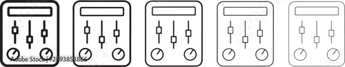 Photos Five slider control icons feature rectangular bodies vertical bars with square thumbs and circular knobs