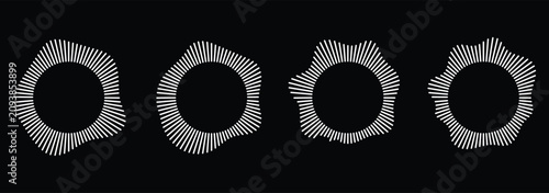 Circular sound waves. Abstract circular lines pattern. Music audio bursts. Ring of thin rays with wavy silhouette. Radial spectrum design. Podcast audio waveform and equalizer bars set.
