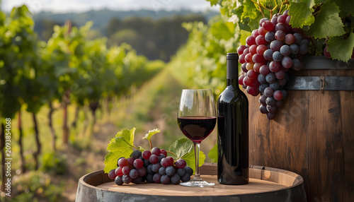 Red wine glass and bottle with grapes in vineyard