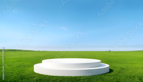 White podium stages in a green grassy field