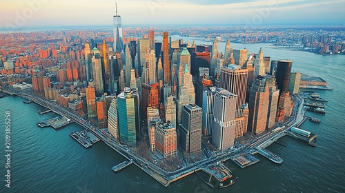 A breathtaking view captures the essence of New York City as the sun sets. The skyline glows with vibrant colors, showcasing towering buildings by the river, reflecting the city's energy