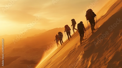A group of six explorers climbs a steep sand dune during a stunning sunset. The warm golden light highlights their silhouettes as they enjoy the thrill of adventure in the desert