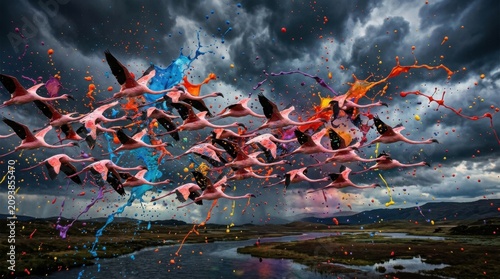 Flock of Flamingos in Flight Amidst a Stormy Sky with Colorful Splashes.