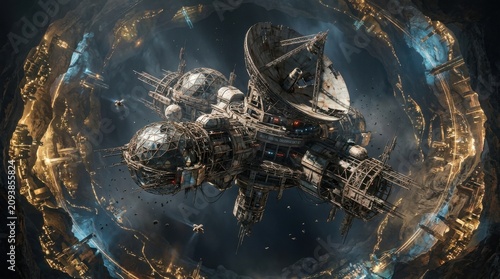 Intricate Spaceship in a Cosmic Nebula with Detailed Structures.